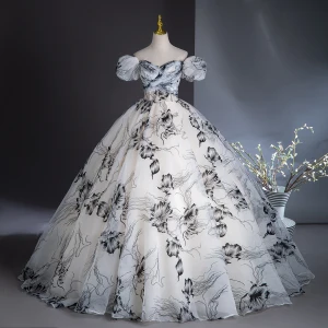 Elegant White Printing Prom Dresses 2024 Ball Gown Off The Shoulder Puffy Short Sleeve Backless Floor Length Long Prom Formal Dresses