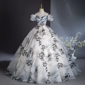 Elegant White Printing Prom Dresses 2024 Ball Gown Off The Shoulder Puffy Short Sleeve Backless Floor Length Long Prom Formal Dresses