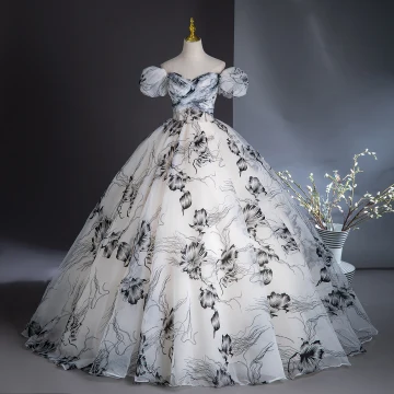 Elegantes Blanco Impresión Vestidos De Gala 2024 Ball Gown Fuera Del Hombro Hinchado Manga Corta Sin Espalda Largos Gala Vestidos Formales