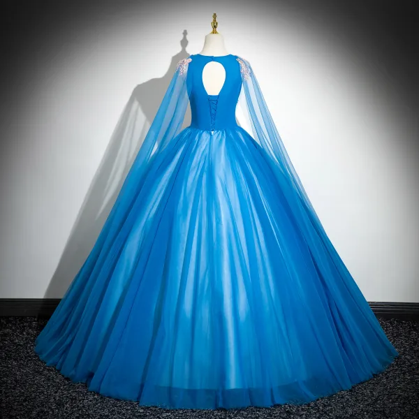 Elegante Blau Perlenstickerei Perle Pailletten Spitze Blumen Ballkleider 2024 Ballkleid Rundhalsausschnitt Ärmellos Rückenfreies Lange Ball Festliche Kleider