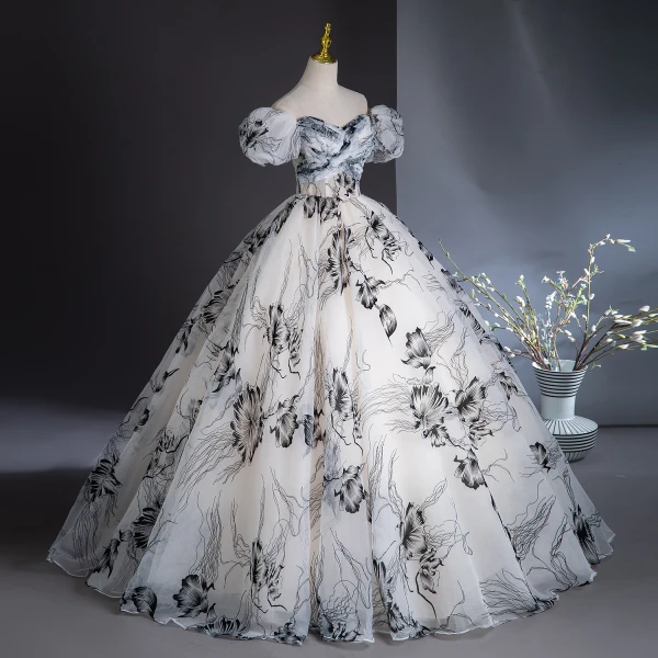 Elegant White Printing Prom Dresses 2024 Ball Gown Off-The-Shoulder Puffy Short Sleeve Backless Floor-Length / Long Prom Formal Dresses