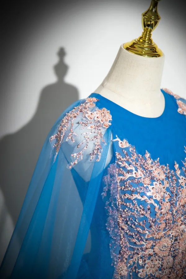 Elegante Blau Perlenstickerei Perle Pailletten Spitze Blumen Ballkleider 2024 Ballkleid Rundhalsausschnitt Ärmellos Rückenfreies Lange Ball Festliche Kleider