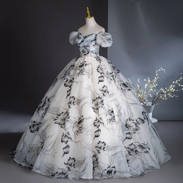Elegant White Printing Prom Dresses 2024 Ball Gown Off-The-Shoulder Puffy Short Sleeve Backless Floor-Length / Long Prom Formal Dresses