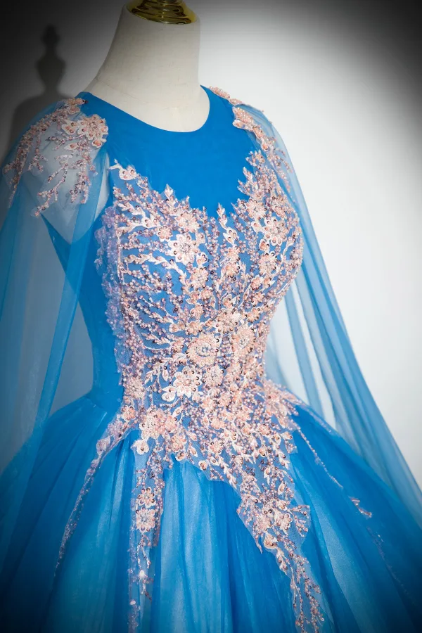 Elegante Blau Perlenstickerei Perle Pailletten Spitze Blumen Ballkleider 2024 Ballkleid Rundhalsausschnitt Ärmellos Rückenfreies Lange Ball Festliche Kleider
