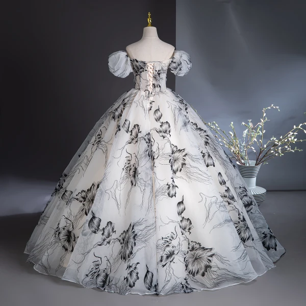 Elegant White Printing Prom Dresses 2024 Ball Gown Off-The-Shoulder Puffy Short Sleeve Backless Floor-Length / Long Prom Formal Dresses