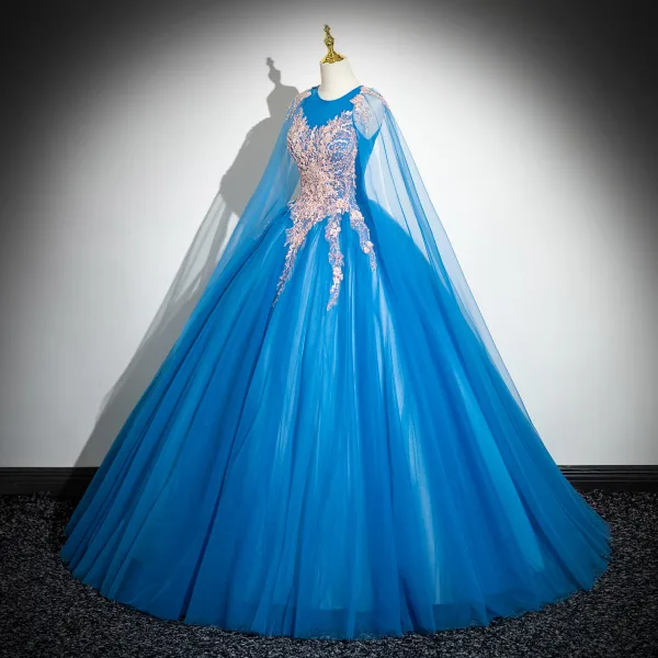 Elegante Blau Perlenstickerei Perle Pailletten Spitze Blumen Ballkleider 2024 Ballkleid Rundhalsausschnitt Ärmellos Rückenfreies Lange Ball Festliche Kleider