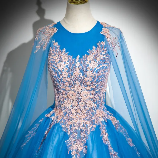 Elegante Blau Perlenstickerei Perle Pailletten Spitze Blumen Ballkleider 2024 Ballkleid Rundhalsausschnitt Ärmellos Rückenfreies Lange Ball Festliche Kleider