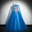 Elegante Blau Perlenstickerei Perle Pailletten Spitze Blumen Ballkleider 2024 Ballkleid Rundhalsausschnitt Ärmellos Rückenfreies Lange Ball Festliche Kleider