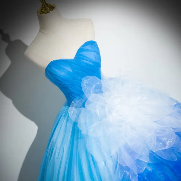 Unusual Pool Blue Appliques Cascading Ruffles Prom Dresses 2024 Ball Gown Strapless Sleeveless Backless Floor-Length / Long Prom Formal Dresses