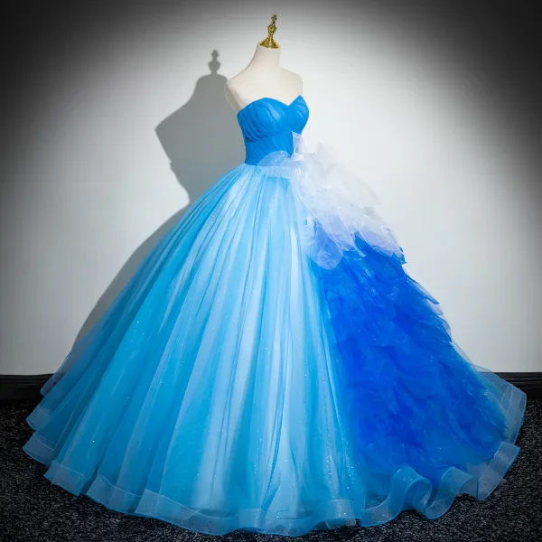 Unusual Pool Blue Appliques Cascading Ruffles Prom Dresses 2024 Ball Gown Strapless Sleeveless Backless Floor-Length / Long Prom Formal Dresses