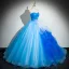 Unusual Pool Blue Appliques Cascading Ruffles Prom Dresses 2024 Ball Gown Strapless Sleeveless Backless Floor-Length / Long Prom Formal Dresses