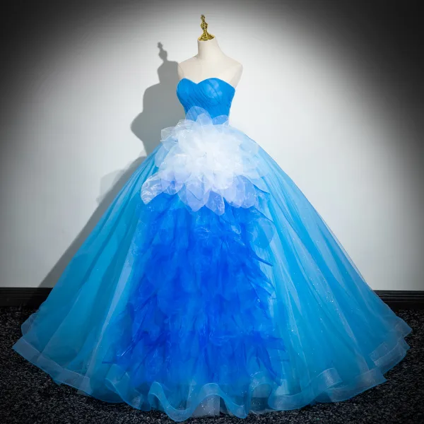 Unusual Pool Blue Appliques Cascading Ruffles Prom Dresses 2024 Ball Gown Strapless Sleeveless Backless Floor-Length / Long Prom Formal Dresses