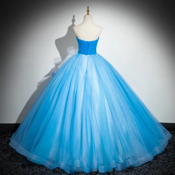 Unusual Pool Blue Appliques Cascading Ruffles Prom Dresses 2024 Ball Gown Strapless Sleeveless Backless Floor-Length / Long Prom Formal Dresses