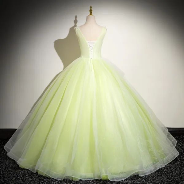 Chic / Beautiful Sage Green Beading Lace Flower Prom Dresses 2024 Ball Gown V-Neck Sleeveless Backless Floor-Length / Long Prom Formal Dresses