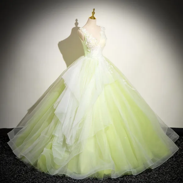 Chic / Beautiful Sage Green Beading Lace Flower Prom Dresses 2024 Ball Gown V-Neck Sleeveless Backless Floor-Length / Long Prom Formal Dresses