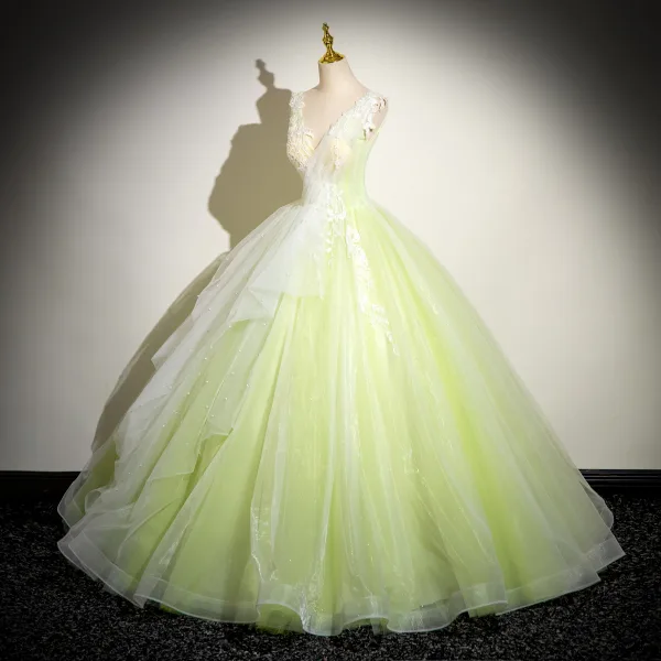 Chic / Beautiful Sage Green Beading Lace Flower Prom Dresses 2024 Ball Gown V-Neck Sleeveless Backless Floor-Length / Long Prom Formal Dresses