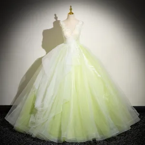 Chic Beautiful Sage Green Beading Lace Flower Prom Dresses 2024 Ball Gown V Neck Sleeveless Backless Floor Length Long Prom Formal Dresses