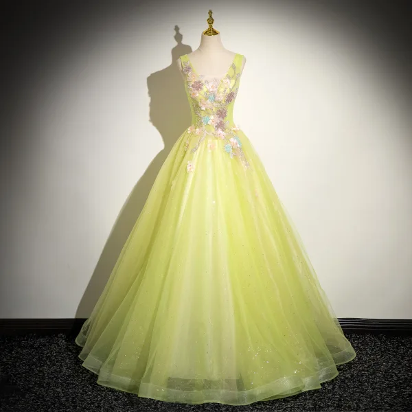 Chic / Beautiful Sage Green Beading Sequins Appliques Prom Dresses 2024 Ball Gown V-Neck Sleeveless Backless Floor-Length / Long Prom Formal Dresses