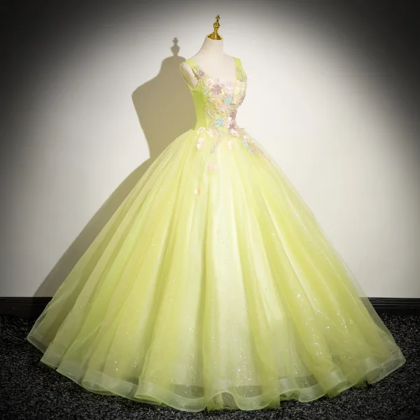 Chic / Beautiful Sage Green Beading Sequins Appliques Prom Dresses 2024 Ball Gown V-Neck Sleeveless Backless Floor-Length / Long Prom Formal Dresses