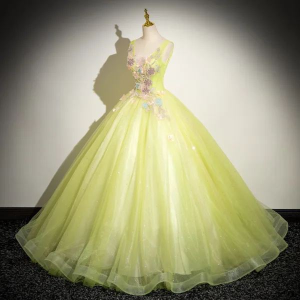 Chic / Beautiful Sage Green Beading Sequins Appliques Prom Dresses 2024 Ball Gown V-Neck Sleeveless Backless Floor-Length / Long Prom Formal Dresses