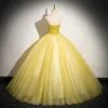 Elegant Yellow Beading Sequins Lace Flower Prom Dresses 2024 Ball Gown Strapless Bow Sleeveless Backless Floor-Length / Long Prom Formal Dresses