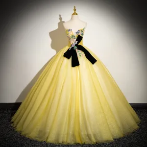 Elegant Yellow Beading Sequins Lace Flower Prom Dresses 2024 Ball Gown Strapless Bow Sleeveless Backless Floor Length Long Prom Formal Dresses