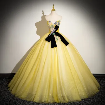 Élégant Jaune Perlage Paillettes En Dentelle Fleur Robe De Bal 2024 Robe Boule Bustier Noeud Sans Manches Dos Nu Longue Promo Robe De Ceremonie