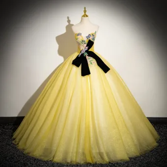 Elegant Yellow Beading Sequins Lace Flower Prom Dresses 2024 Ball Gown Strapless Bow Sleeveless Backless Floor Length Long Prom Formal Dresses