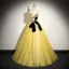 Elegant Yellow Beading Sequins Lace Flower Prom Dresses 2024 Ball Gown Strapless Bow Sleeveless Backless Floor-Length / Long Prom Formal Dresses