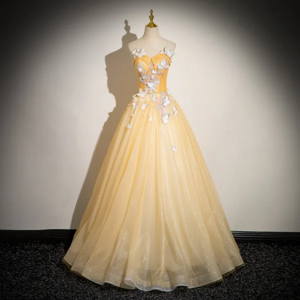 Elegant Champagne Butterfly Lace Flower Pearl Prom Dresses 2024 Ball Gown Strapless Sleeveless Backless Floor-Length / Long Prom Formal Dresses