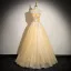 Elegant Champagne Butterfly Lace Flower Pearl Prom Dresses 2024 Ball Gown Strapless Sleeveless Backless Floor-Length / Long Prom Formal Dresses