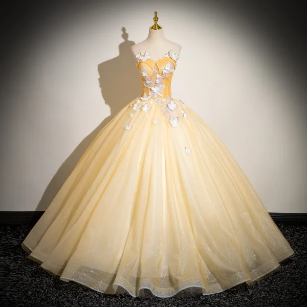 Elegant Champagne Butterfly Lace Flower Pearl Prom Dresses 2024 Ball Gown Strapless Sleeveless Backless Floor-Length / Long Prom Formal Dresses