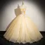 Elegant Champagne Butterfly Lace Flower Pearl Prom Dresses 2024 Ball Gown Strapless Sleeveless Backless Floor-Length / Long Prom Formal Dresses