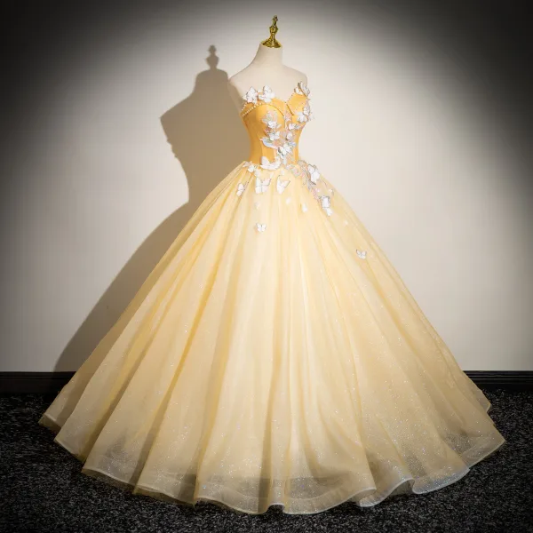 Elegant Champagne Butterfly Lace Flower Pearl Prom Dresses 2024 Ball Gown Strapless Sleeveless Backless Floor-Length / Long Prom Formal Dresses