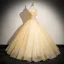 Elegant Champagne Butterfly Lace Flower Pearl Prom Dresses 2024 Ball Gown Strapless Sleeveless Backless Floor-Length / Long Prom Formal Dresses
