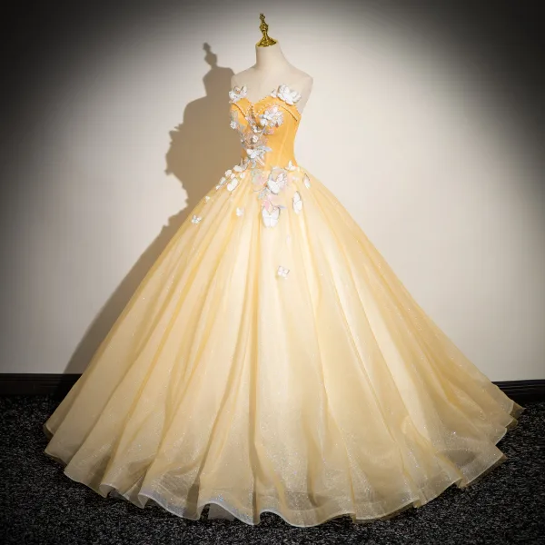 Elegant Champagne Butterfly Lace Flower Pearl Prom Dresses 2024 Ball Gown Strapless Sleeveless Backless Floor-Length / Long Prom Formal Dresses