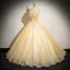 Elegant Champagne Butterfly Lace Flower Pearl Prom Dresses 2024 Ball Gown Strapless Sleeveless Backless Floor-Length / Long Prom Formal Dresses