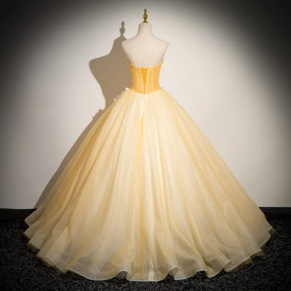 Elegant Champagne Butterfly Lace Flower Pearl Prom Dresses 2024 Ball Gown Strapless Sleeveless Backless Floor-Length / Long Prom Formal Dresses