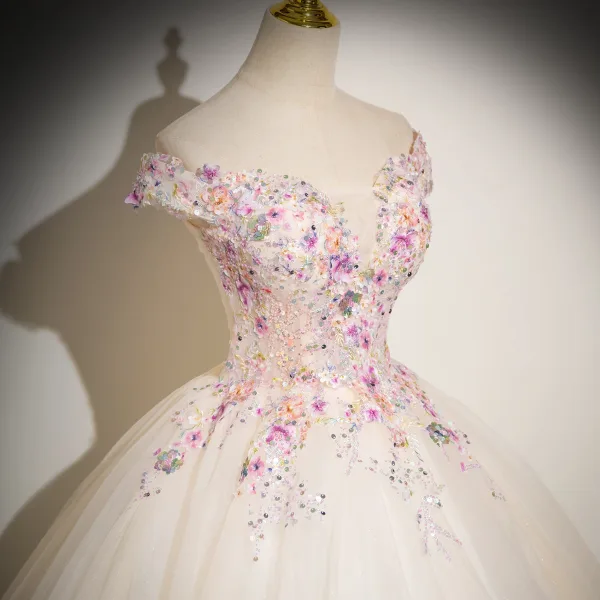 Chic / Beautiful Champagne Multi-Colors Sequins Lace Flower Appliques Prom Dresses 2024 Ball Gown Off-The-Shoulder Sleeveless Backless Floor-Length / Long Prom Formal Dresses