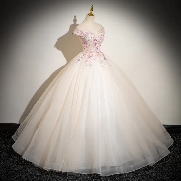 Chic / Beautiful Champagne Multi-Colors Sequins Lace Flower Appliques Prom Dresses 2024 Ball Gown Off-The-Shoulder Sleeveless Backless Floor-Length / Long Prom Formal Dresses