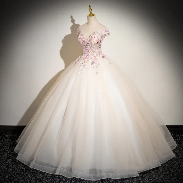 Chic / Beautiful Champagne Multi-Colors Sequins Lace Flower Appliques Prom Dresses 2024 Ball Gown Off-The-Shoulder Sleeveless Backless Floor-Length / Long Prom Formal Dresses
