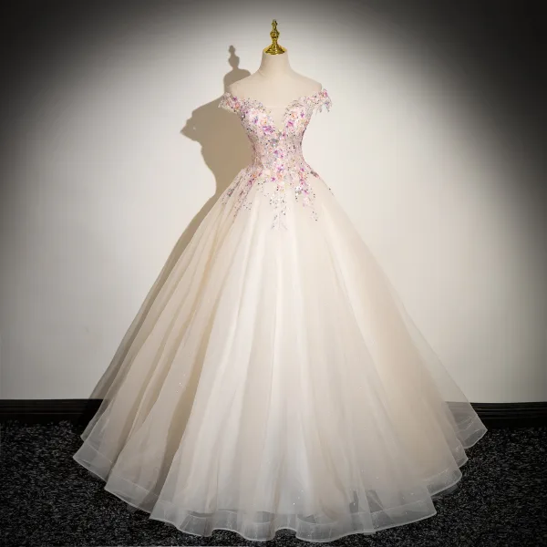 Chic / Beautiful Champagne Multi-Colors Sequins Lace Flower Appliques Prom Dresses 2024 Ball Gown Off-The-Shoulder Sleeveless Backless Floor-Length / Long Prom Formal Dresses