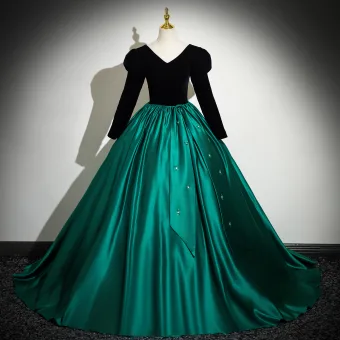 Vintage Originale Vert Foncé Paillettes Satin Robe De Bal Robe Boule 2024 V Cou Manches Longues Dos Nu Longue Promo Robe De Ceremonie