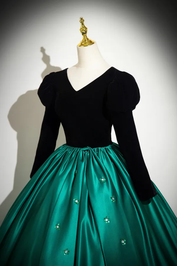 Vintage / Retro Dark Green Sequins Satin Prom Dresses Ball Gown 2024 V-Neck Long Sleeve Backless Floor-Length / Long Prom Formal Dresses