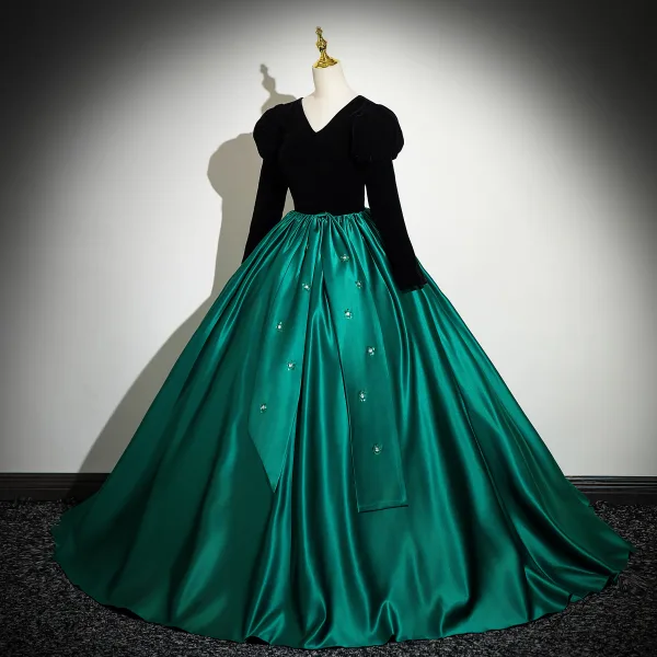 Vintage / Retro Dark Green Sequins Satin Prom Dresses Ball Gown 2024 V-Neck Long Sleeve Backless Floor-Length / Long Prom Formal Dresses