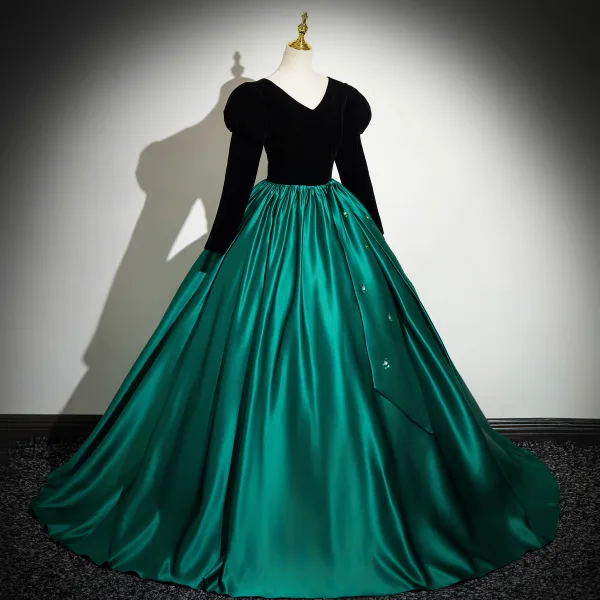 Vintage / Retro Dark Green Sequins Satin Prom Dresses Ball Gown 2024 V-Neck Long Sleeve Backless Floor-Length / Long Prom Formal Dresses