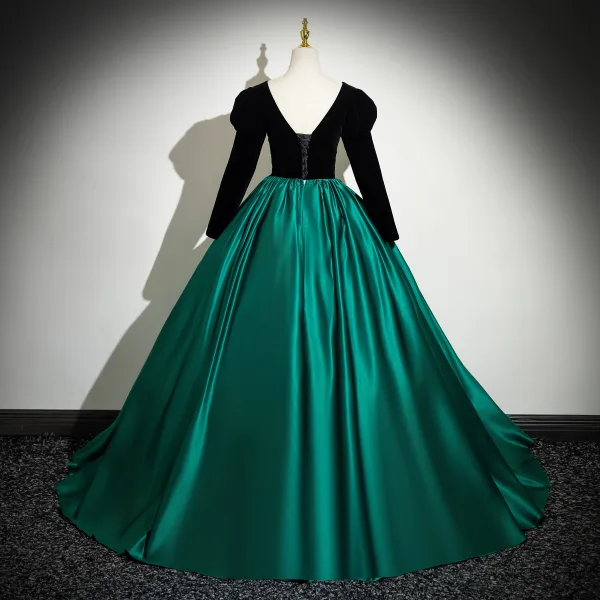 Vintage / Retro Dark Green Sequins Satin Prom Dresses Ball Gown 2024 V-Neck Long Sleeve Backless Floor-Length / Long Prom Formal Dresses