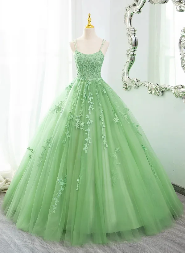 Chic / Beautiful Sage Green Lace Flower Prom Dresses 2025 Ball Gown Spaghetti Straps Sleeveless Backless Floor-Length / Long Prom Formal Dresses