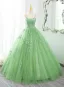 Chic / Beautiful Sage Green Lace Flower Prom Dresses 2025 Ball Gown Spaghetti Straps Sleeveless Backless Floor-Length / Long Prom Formal Dresses