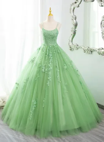 Schöne Salbeigrün Spitze Blumen Ballkleider 2025 Ballkleid Spaghettiträger Ärmellos Rückenfreies Lange Ball Festliche Kleider